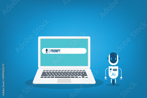 AI generator prompt with robot icon and laptop. Interface for content creating using AI generator technology	