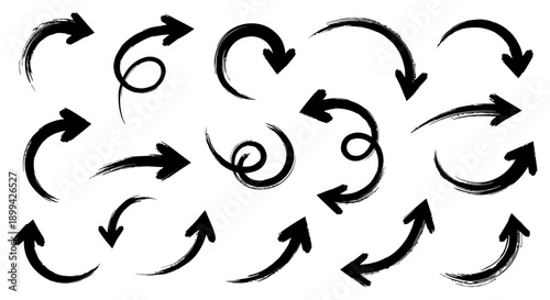 A collection of hand-drawn black brushstroke arrows pointing in various directions, including curved, straight, and spiral shapes, on a white background.