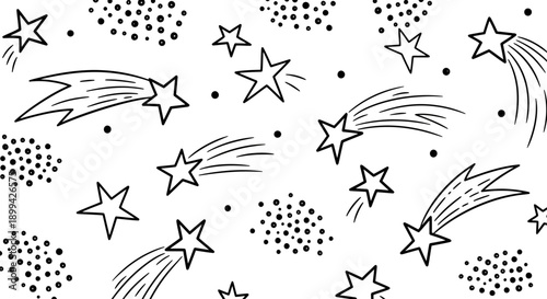 Hand-drawn black and white pattern featuring whimsical stars, shooting stars, and scattered dots on a white background, perfect for celestial themes.