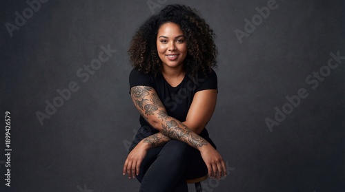 Plus size model with tattoos smiling while seated on a stool  