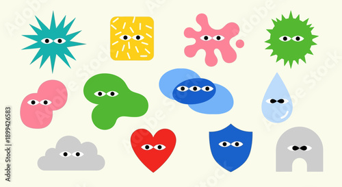 A collection of colorful, abstract cartoon shapes with eyes, representing various playful characters or graphic elements.