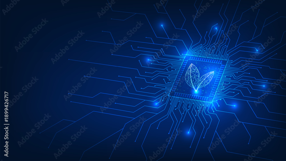 Obraz premium Green Technology Background with Leaf Microchip and Digital Circuit, AI for Sustainable Concept, Net Zero Emission Innovation, Eco-Friendly Artificial Intelligence, Energy and Environmental Technology