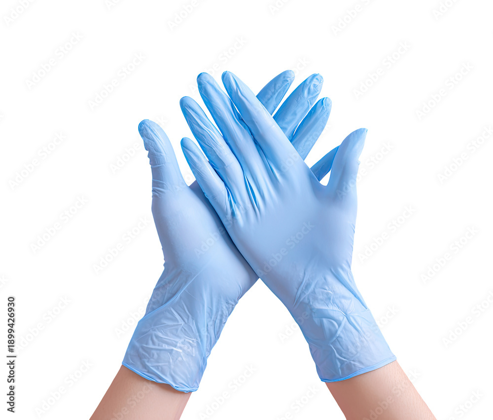 Obraz premium Light-blue nitrile disposable gloves, clasped. Hands crossed. Close-up. Clean, sterile