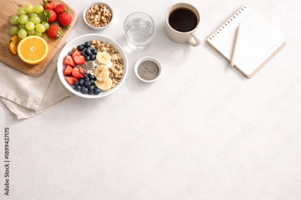 Fototapeta premium Healthy breakfast flat lay with granola bowl, fresh berries, banana, nuts, coffee, water and notebook on light background. Clean nutritious morning food concept with copy space.