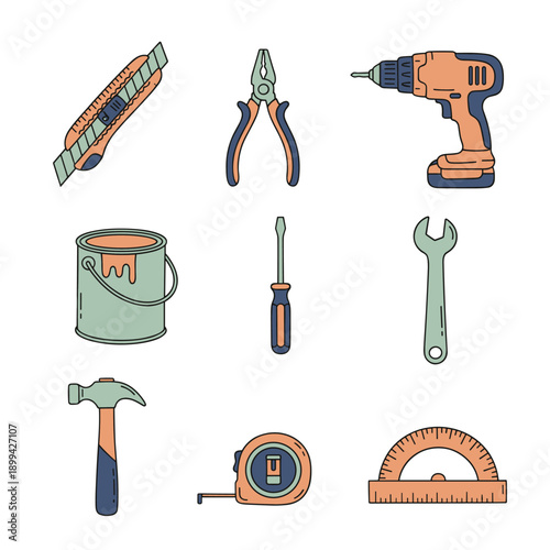 Professional construction and repair tools set including drill, hammer, screwdriver and wrench, flat hand drawn style hardware equipment icons