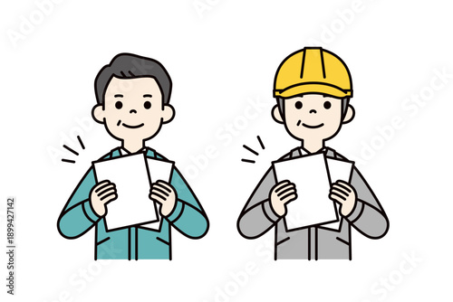白い書類を手に持つ、作業服を着たビジネスマン・技術者と現場監督のベクターイラスト素材セット