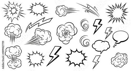 A collection of comic book graphic elements including explosions, speed lines, smoke clouds, lightning bolts, and speech bubbles in black and white line art.