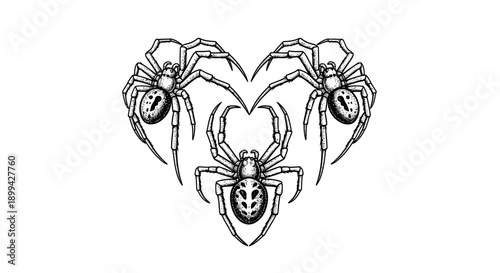 Three detailed spiders forming a heart shape, black and white illustration.
