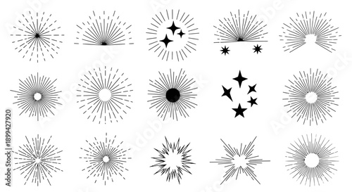 A collection of black line art sunbursts, starbursts, and light ray designs on a white background, featuring various radial explosion patterns.