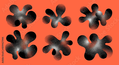 Six abstract organic blob shapes with gradient texture on a vibrant orange background.