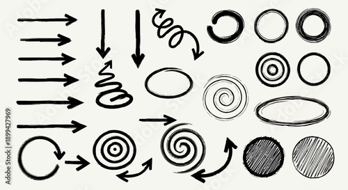 A collection of hand-drawn sketch arrows, circles, spirals, and various shapes.