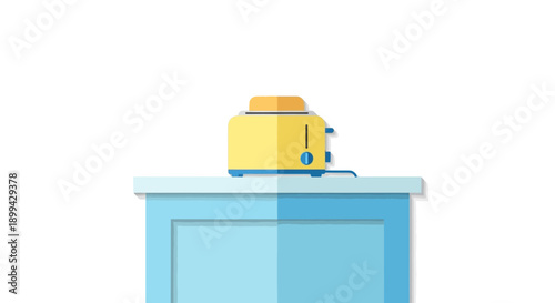 A simple kitchen table illustration featuring a toaster placed neatly in a clean and minimal home environment. The calm composition reflects everyday breakfast routines, home comfort, and modern kitch