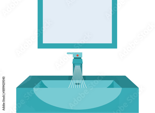 Bathroom sink and mirror vector illustration. Flat design washbasin with running water faucet. Minimalist interior plumbing fixture isolated on transparent background