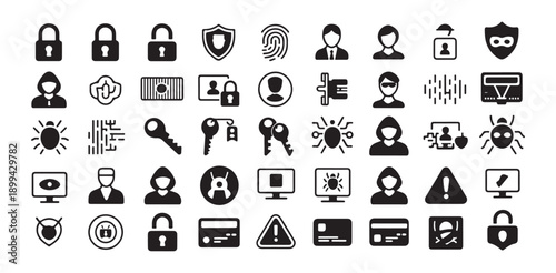 Cybersecurity and data protection icons set on white background vector