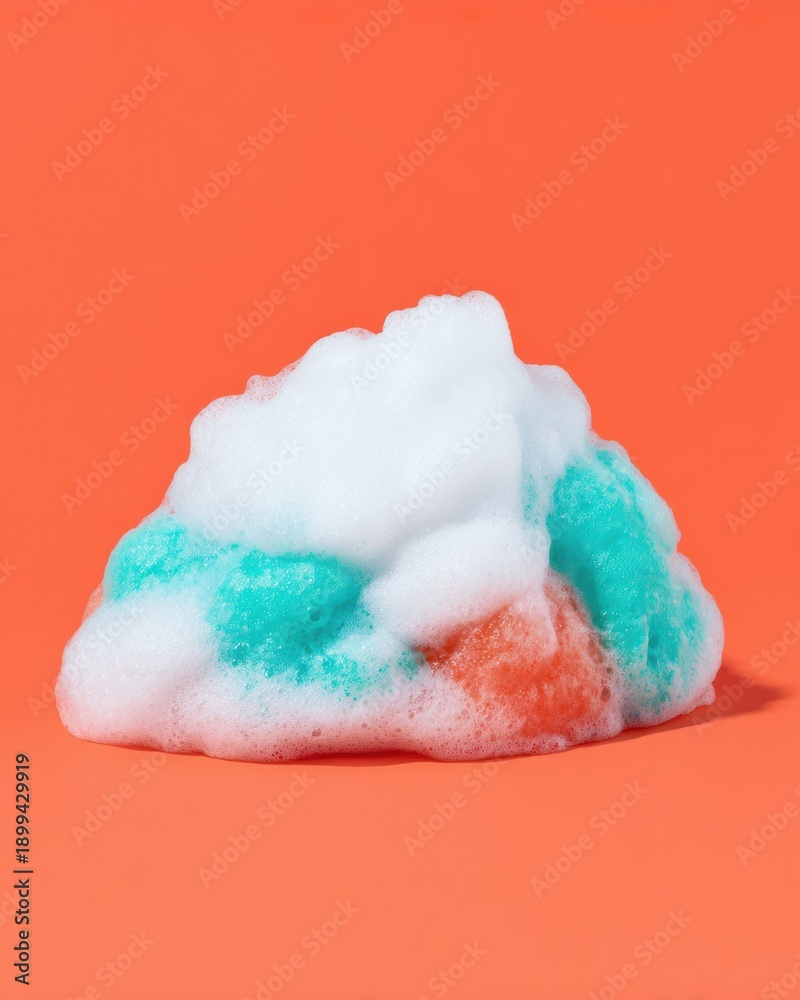 Fototapeta premium White Soap Foam Pile with Colorful Accents on Orange Background for Skincare Product Marketing and Cosmetic Hygiene Advertising with Copy Space