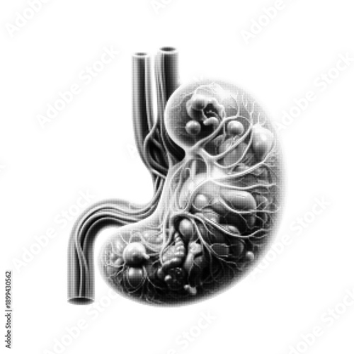Black and white halftone illustration of a human kidney with vessels. Medical anatomy concept for healthcare, nephrology, biology, diagnosis, treatment, and scientific education.