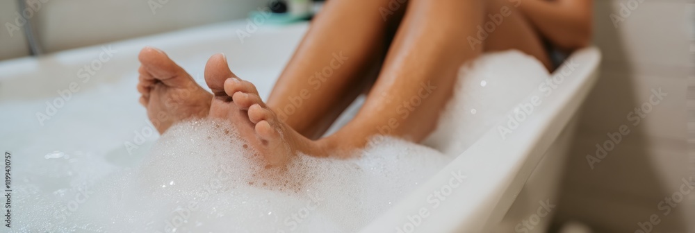 Fototapeta premium Female feet resting in soapy bath foam within a white bathtub for wellness and self care marketing, promoting luxury spa treatments and relaxation at home