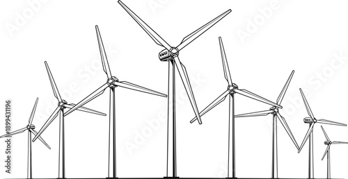 Black and white wind turbine silhouettes in perspective, renewable energy illustration for sustainable power, eco-friendly design, and clean electricity generation themes.