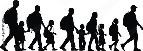 Silhouette of people walking with backpacks, black and white illustration symbolizing migration, travel, family unity, journey, and social movement themes.