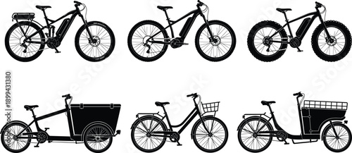 Silhouettes of diverse electric bicycles including mountain, cargo, city, and utility e‑bikes showcasing modern eco‑friendly transport options for commuting, recreation, and cargo delivery