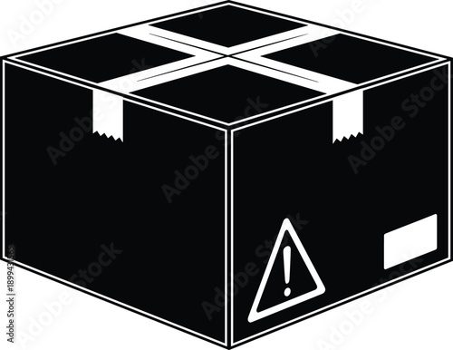 Black and white cardboard box with warning symbol, packaging illustration for shipping safety, hazardous goods handling, and caution label design reference.