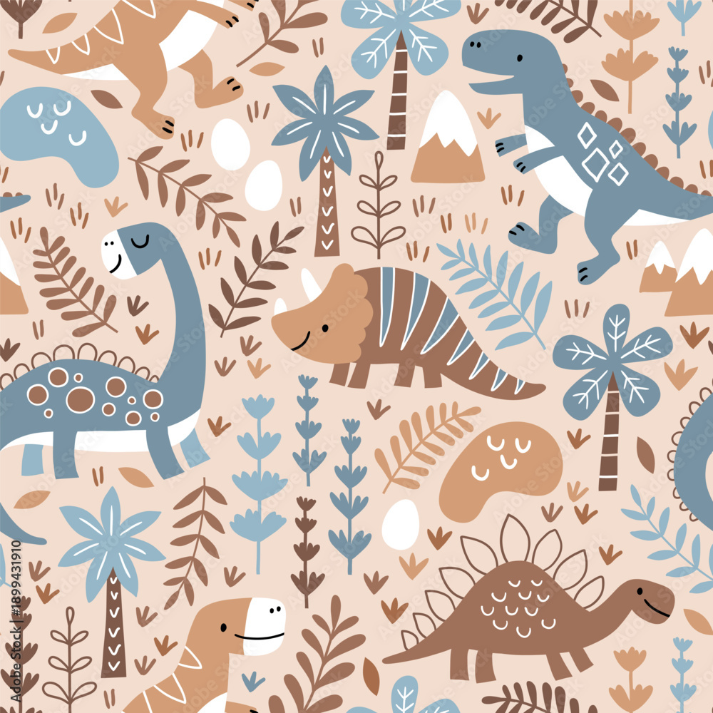 Obraz premium Seamless vector pattern with dinosaurs, mountains and palm trees. Hand drawn cute dino design. Perfect for fabric, wallpaper, wrapping paper or nursery decor.