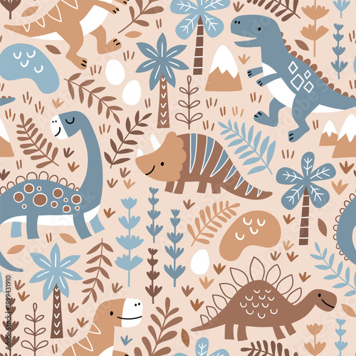 Seamless vector pattern with dinosaurs, mountains and palm trees. Hand drawn cute dino design. Perfect for fabric, wallpaper, wrapping paper or nursery decor.