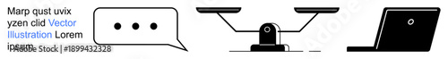 Communication, justice, technology, decision-making, legal systems, digital tools. Black icons of a speech bubble, balance scale and laptop against a white background. Communication and justice