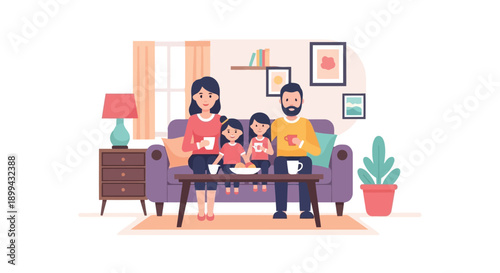 Vector illustration of a family sitting on a purple couch in a living room, with a coffee table and lamp, for website or presentation