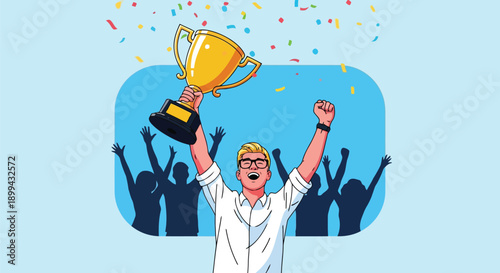 Vector illustration of a man holding a trophy with confetti and cheering crowd, for banner or poster, isolated on transparent background, png