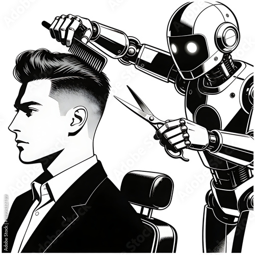 AI Barber: A futuristic illustration showcasing an android providing a stylish haircut to a man, symbolizing the evolution of technology in everyday tasks.