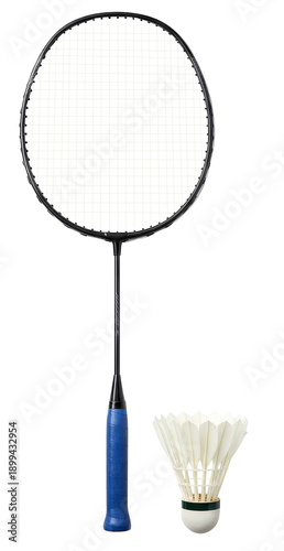 Badminton racket and shuttlecock isolated on white background, professional sports equipment for training, fitness, competition and recreation concept, high quality PNG File.