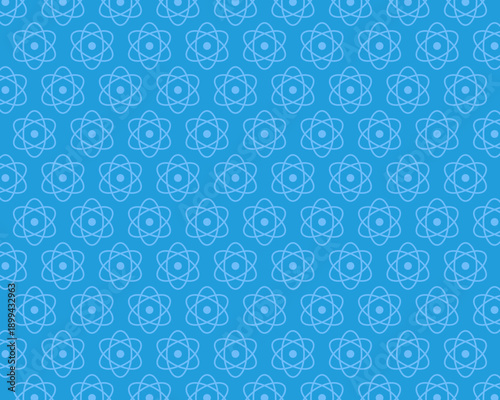 明るいブルーの抽象的な幾何学模様背景素材。原子や分子、または花を連想させるラインアートが規則正しく並んだシームレスなパターンデザイン。サイエンス、テクノロジー、医療、科学、化学、教育分野のウェブサイト背景、プレゼン資料、バナー広告、壁紙に最適な、清潔感のある爽やかなベクターテクスチャ。