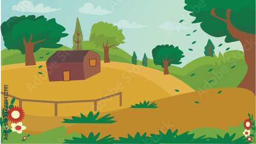 Cartoon landscape with a small house on a hill in a green countryside setting with trees and flowers