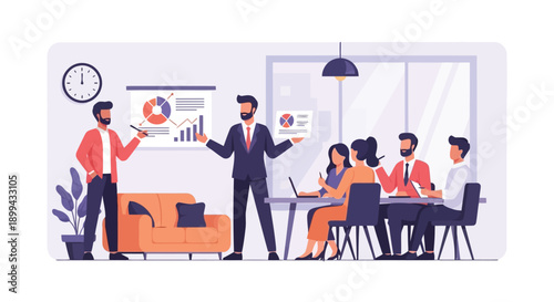 Vector illustration of business team meeting with presentation charts and graphs, for website, banner or marketing material