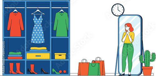 Woman choosing outfit in front of wardrobe with dresses shoes and shopping bags in modern flat vector illustration style