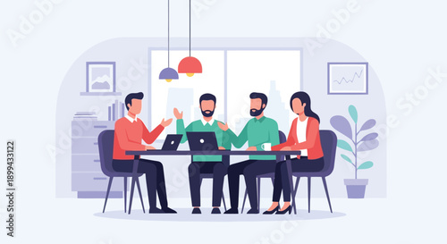 Vector illustration of diverse team working together at office table with laptops, for website, presentation or marketing material, Isolated on transparent background, png