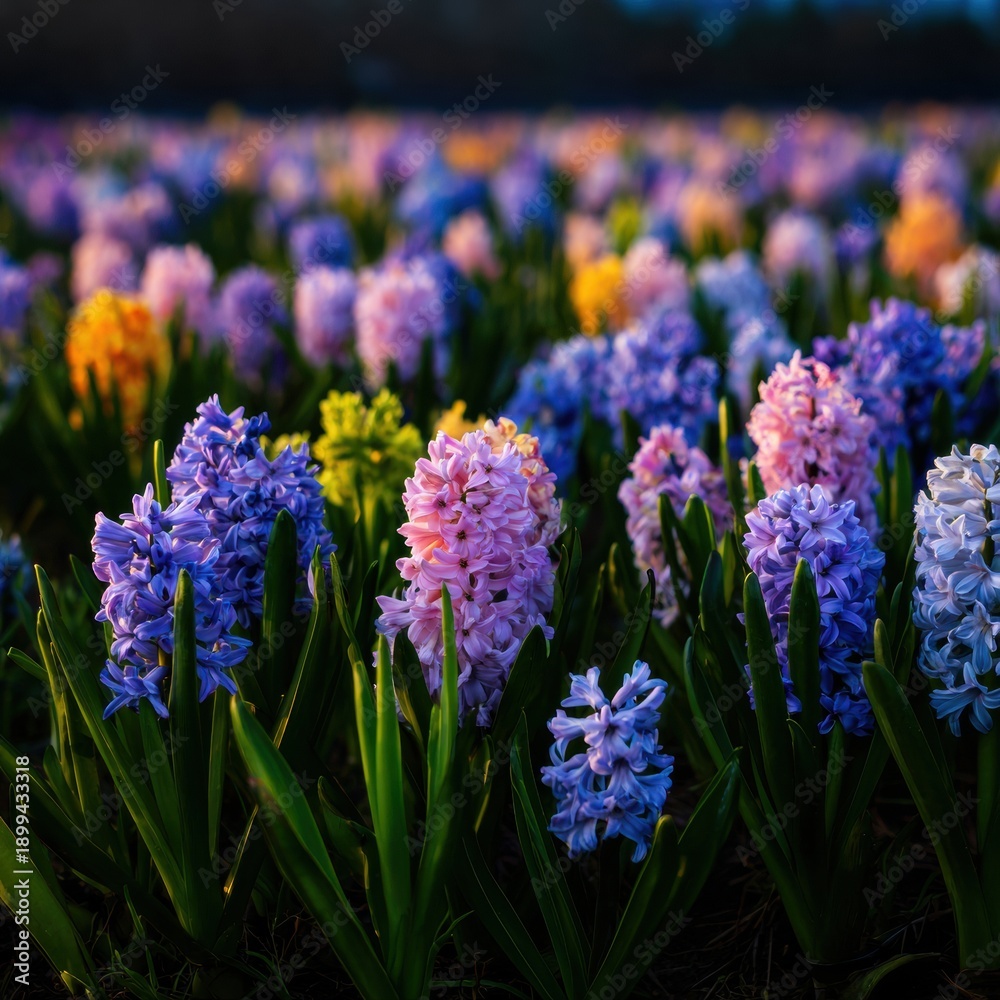 Fototapeta premium Large Bed of Multi Colored Hyacinths Blooming in a Spring Garden for Traditional Easter Floral Background and Seasonal Marketing with Soft Natural Light