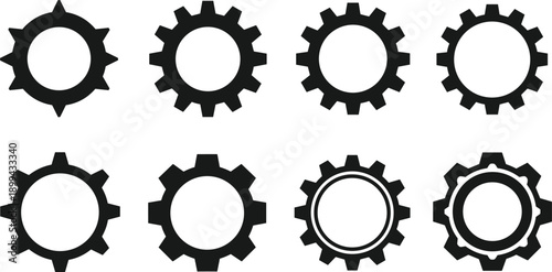 Black gear icon set, with mechanical cogwheel symbols for industry engineering technology automation design isolated on white background vector collection