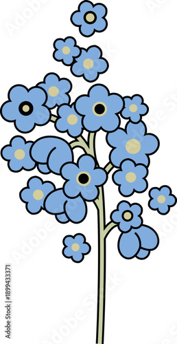 Forget me not blue flower branch illustration, simple floral vector with bold outlines, minimalist garden plant element