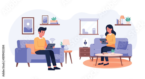 Vector illustration of people working from home on laptops, living room scene with furniture, for website or presentation background, modern home office setting