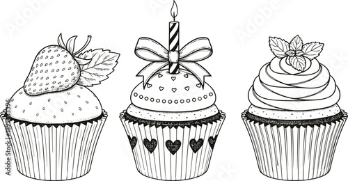 Hand drawn cupcake outline set with strawberry candle and cream toppings in detailed sketch line art vector style
