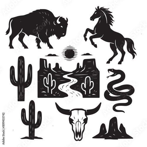 Western Desert Linocut Print Set – Boho Cactus, Canyon Wildlife & Rodeo Icons