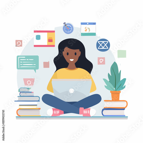 Young woman using a laptop with stacks of books and various icons, symbolizing education, technology, and learning