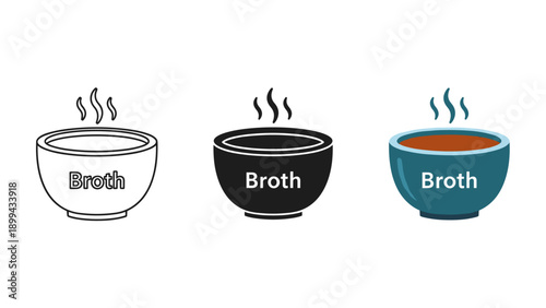 Three steaming bowls of broth in different colors Vector