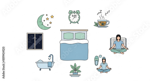 Night Sleep Routine and Relaxation Vector Set, Healthy Bedtime Habits for Better Sleep and Mental Wellness