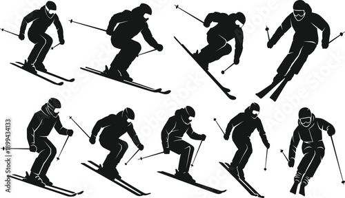 The image is a collection of eight stylized black silhouettes of skiers in action, set against a clean white background.
