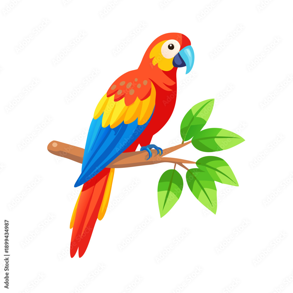 Fototapeta premium A colorful tropical nature illustration featuring a cute cartoon blue, red, and yellow macaw parrot with exotic feathers perched on a tree branch isolated on a white background