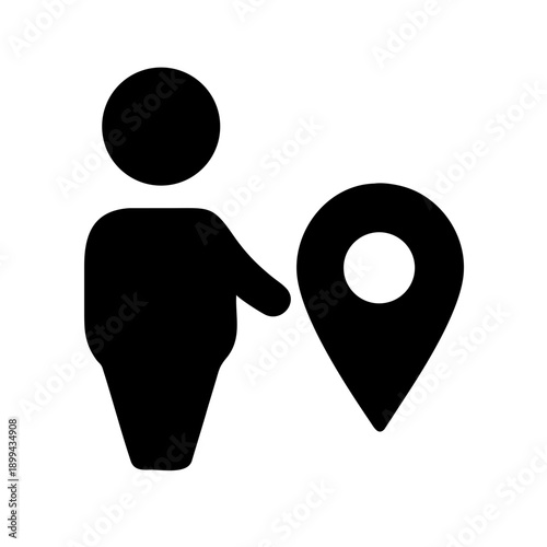 Vector illustration of a black silhouette person profile icon inside a map pointer sign on a white background representing a business human mind thinking concept