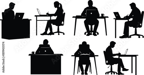 Silhouette collection of office workers using laptops at desks, representing remote work, business productivity, digital communication, modern workplace, and professional teamwork concept illustration